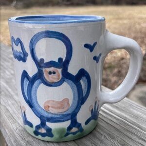M A HADLEY MUG POTTERY BLUE WHITE DUCK THE END